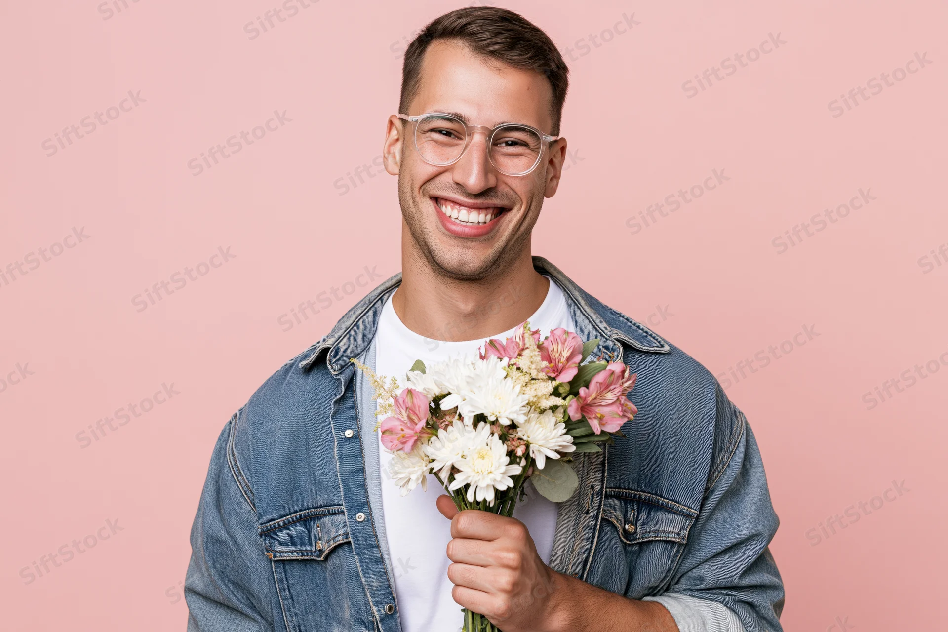 Young man smiling while holding a bouquet of pink and white flowers against a soft pink background