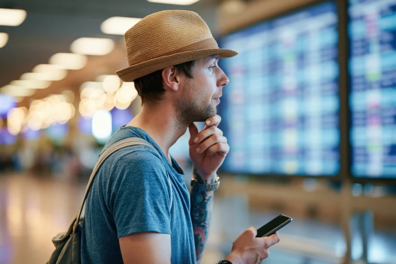 Man in straw fedora checking flight schedule on digital display at airport terminal