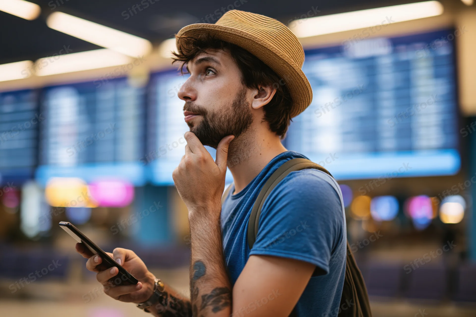 Young man with straw hat and blue t-shirt holding phone while looking at airport departure board