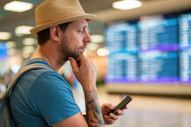 Man in straw hat checking flight schedule on smartphone at airport terminal