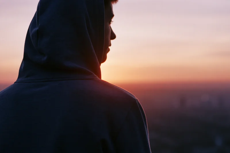 Young man in hoodie seen from behind looking at city skyline at sunset