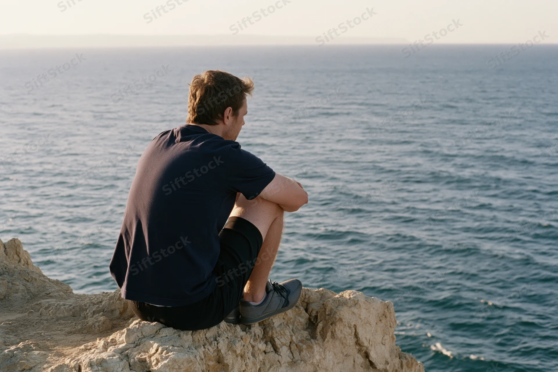 Young man sitting on rocky cliff edge looking out at the ocean