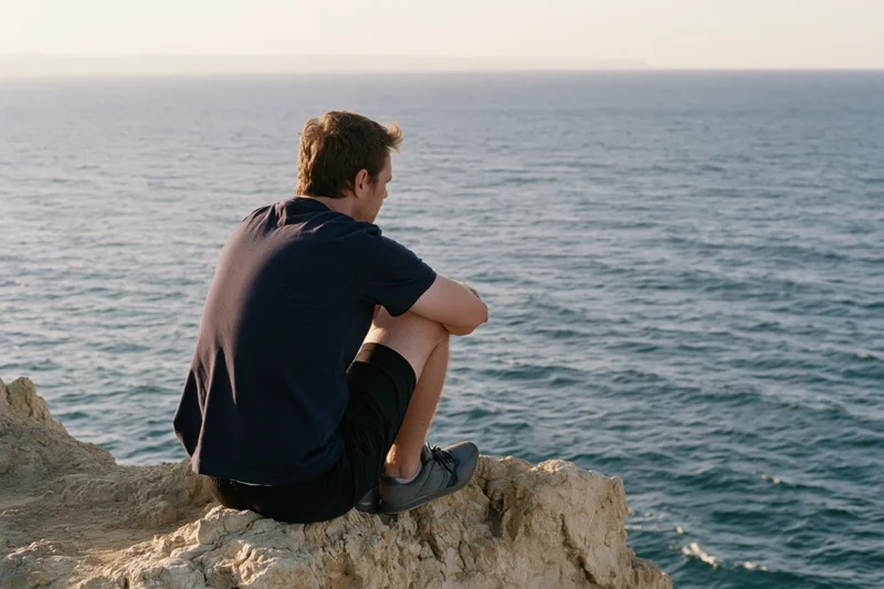 Young man sitting on rocky cliff edge looking out at the ocean