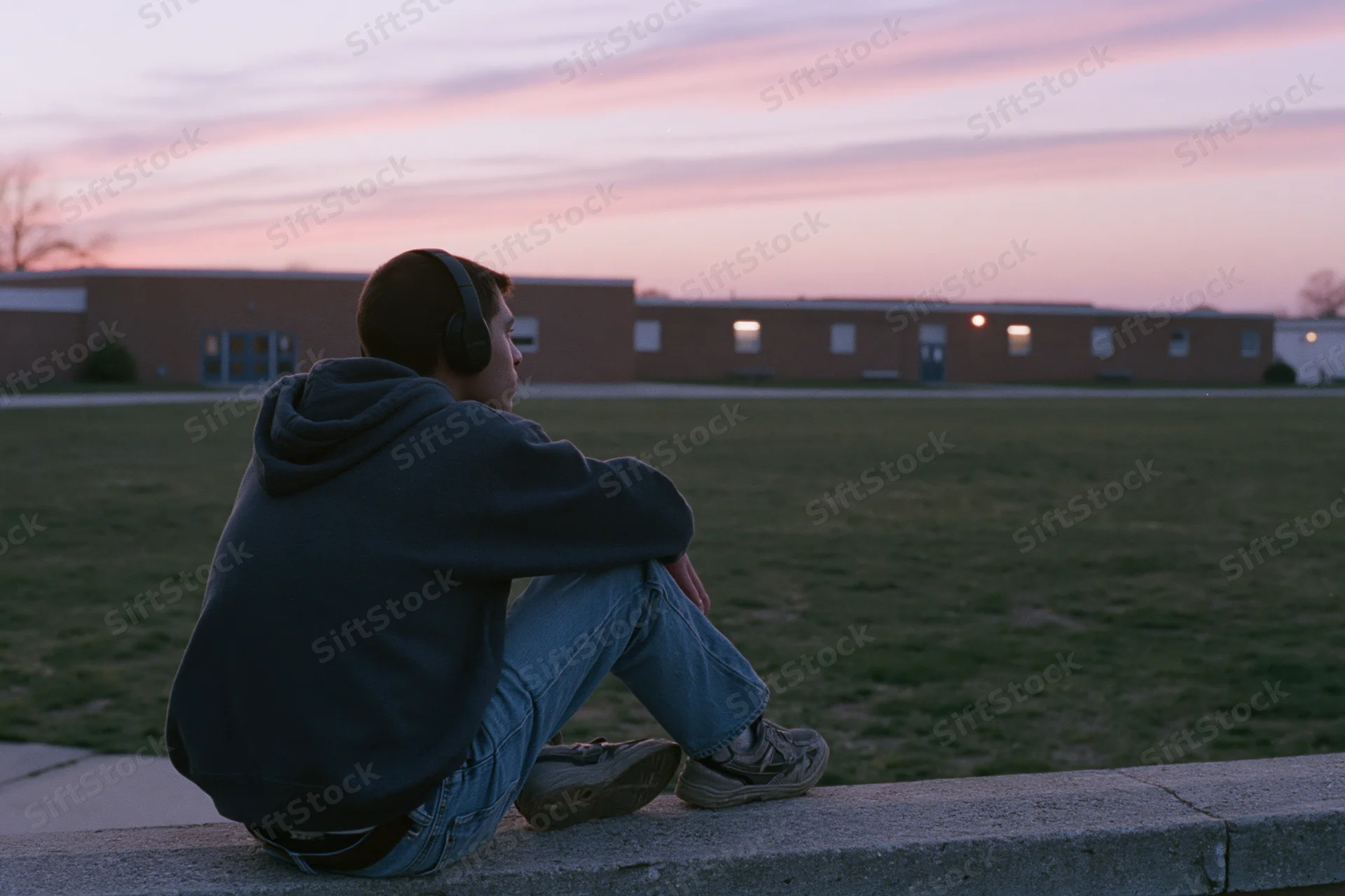 Young man sitting on concrete edge wearing headphones and hoodie, facing school building at twilight