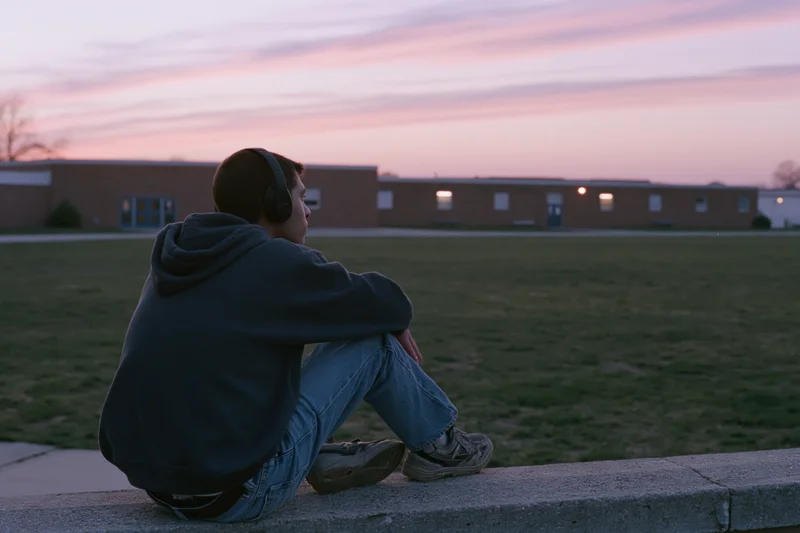 Young man sitting on concrete edge wearing headphones and hoodie, facing school building at twilight