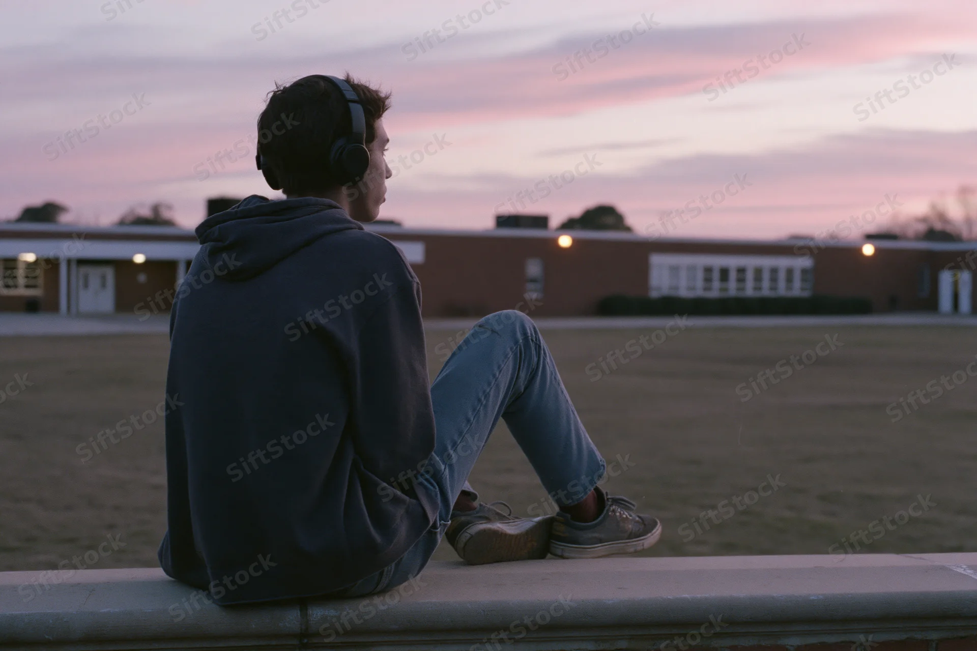 Young man sitting on concrete edge wearing headphones and hoodie, facing twilight sky with school building in background