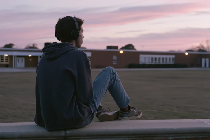 Young man sitting on concrete edge wearing headphones and hoodie, facing twilight sky with school building in background