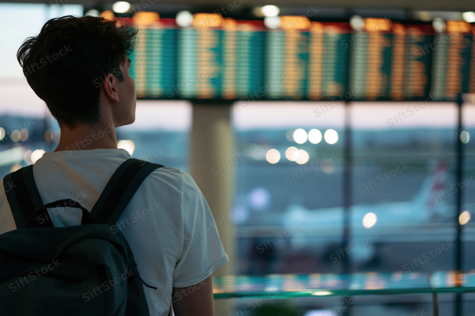 Young man with backpack looking at flight schedule board in airport terminal