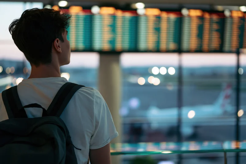 Young man with backpack looking at flight schedule board in airport terminal