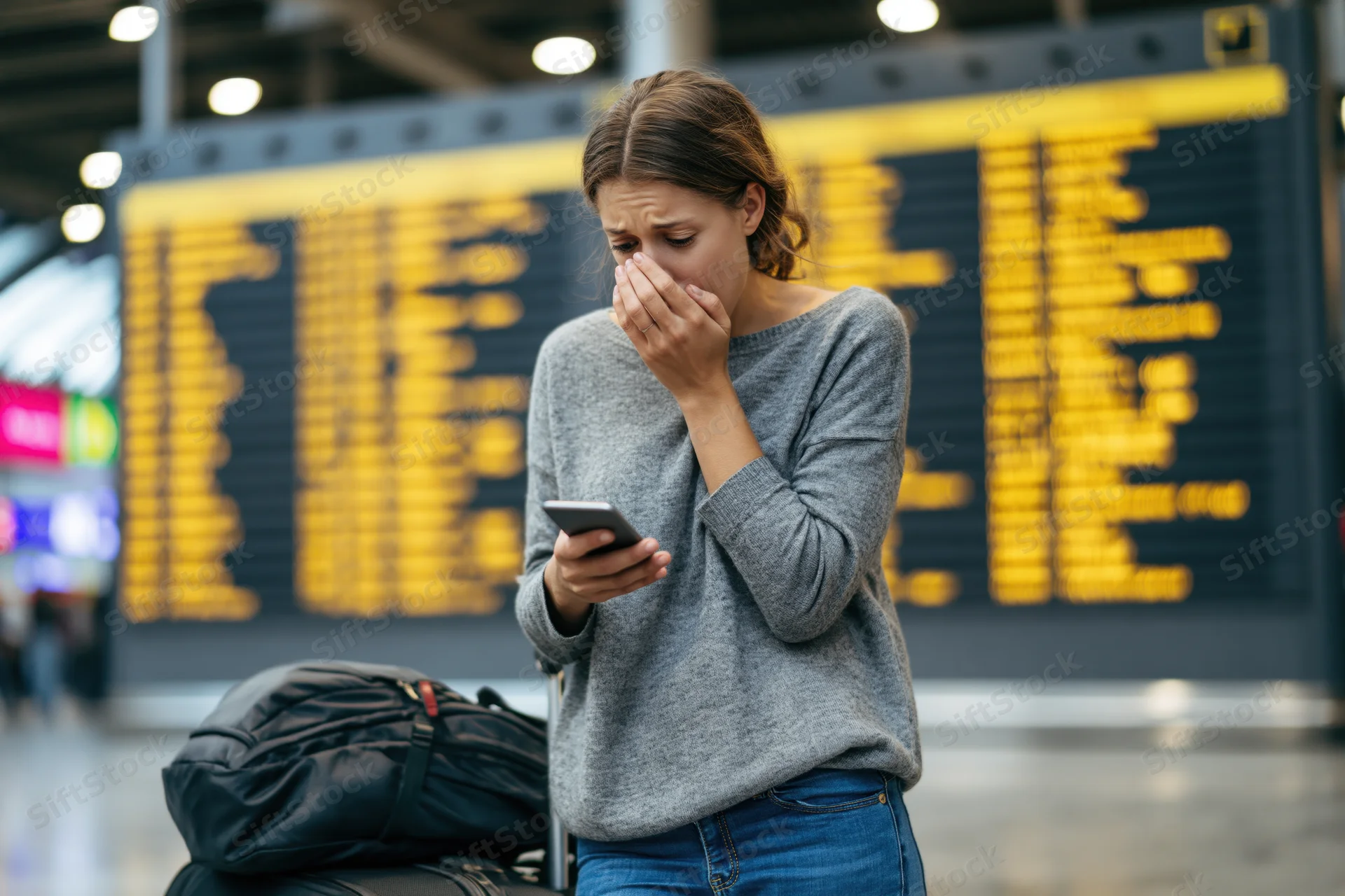 Woman with shocked expression holding smartphone at airport terminal with luggage and flight display behind her