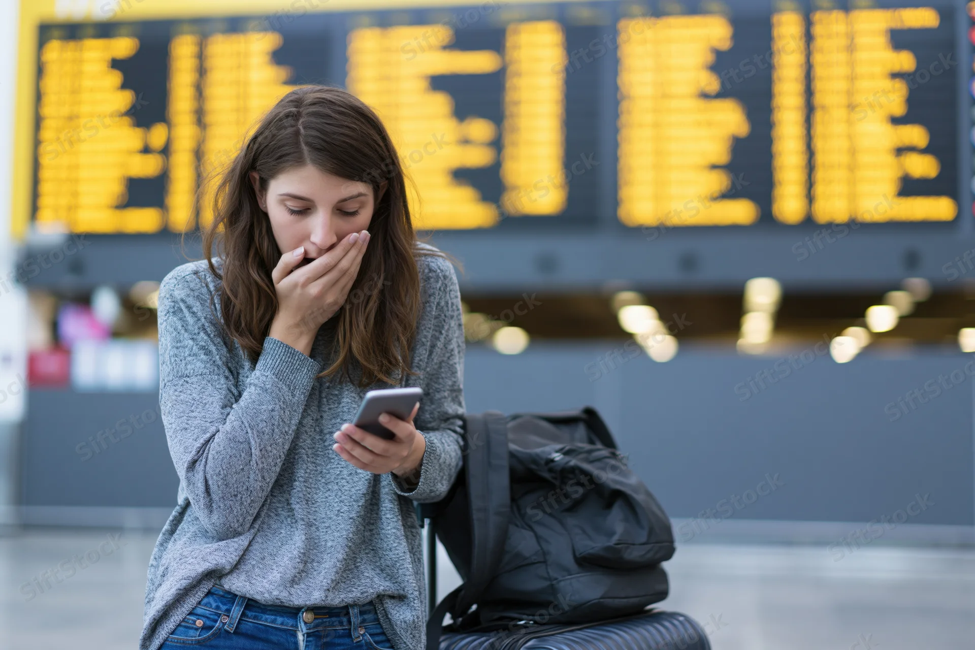 Woman covering her mouth in shock while checking smartphone at airport terminal