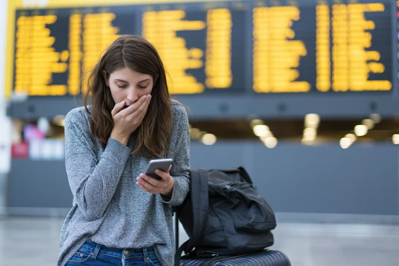Woman covering her mouth in shock while checking smartphone at airport terminal