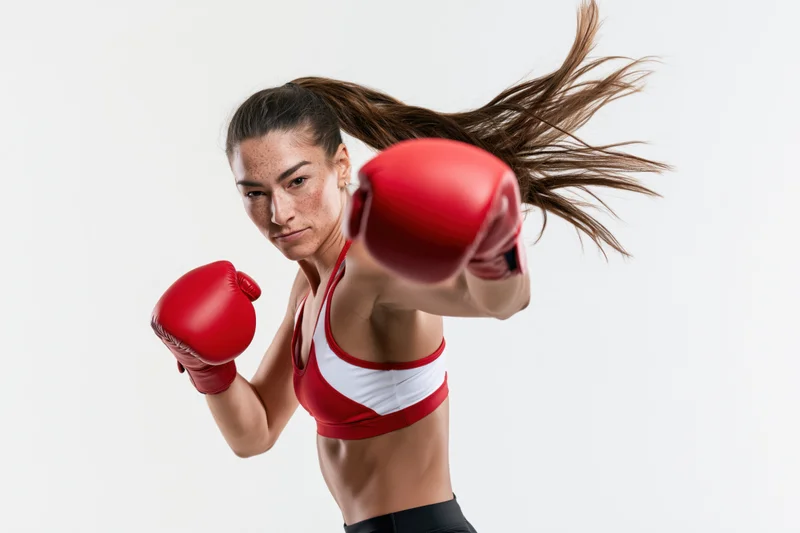Woman boxer throwing a straight right jab in red gloves against white background