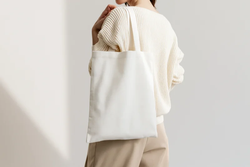 Woman carrying a plain white canvas tote bag over her shoulder in a minimalist studio setting