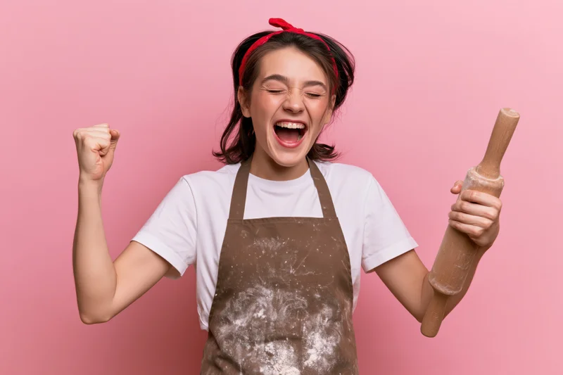 Woman celebrating with clenched fist holding wooden rolling pin in flour-covered apron against pink background