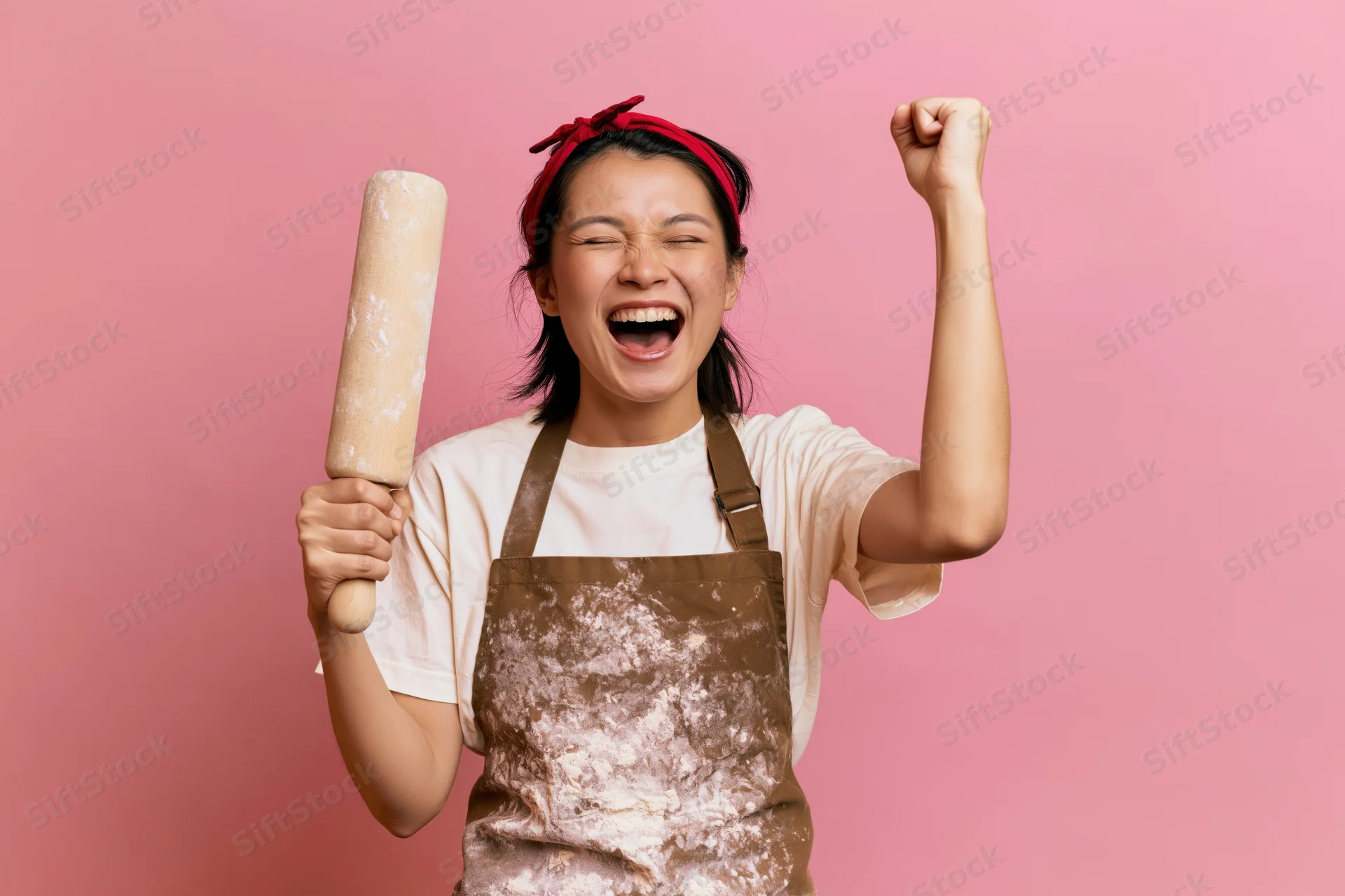 Woman celebrating with clenched fist and rolling pin in apron against pink background