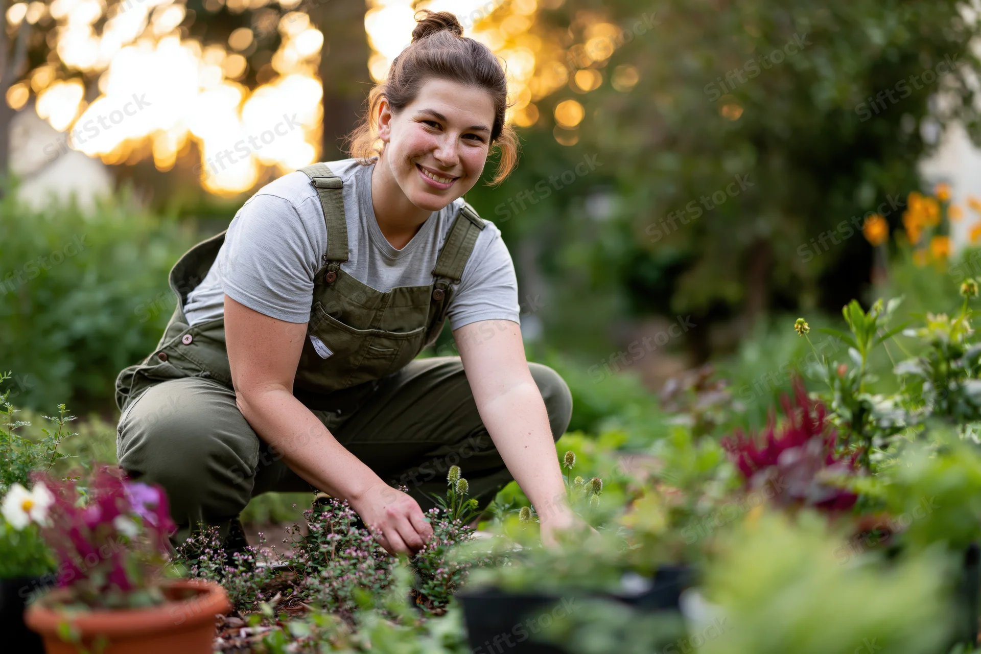 Woman crouching in a garden bed tending plants while smiling