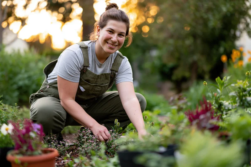 Woman crouching in a garden bed tending plants while smiling