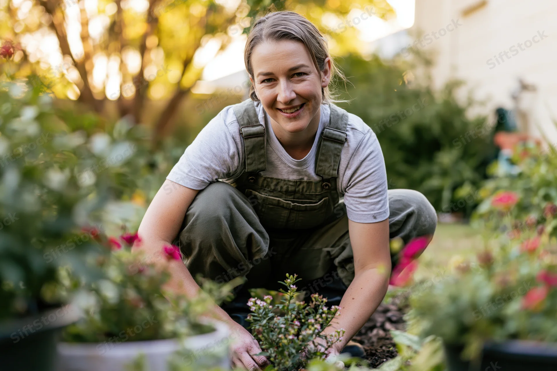 Woman crouching in a backyard garden bed tending plants while smiling