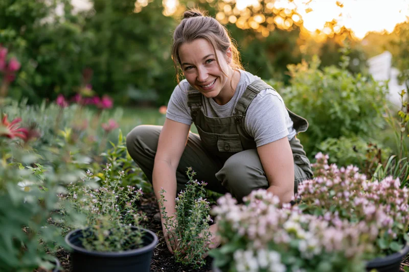 Woman crouching in a garden bed tending plants while smiling at the camera