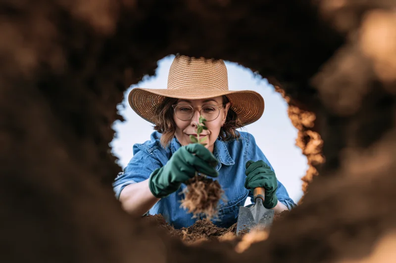 Woman gardener planting a seedling in soil viewed from inside a hole