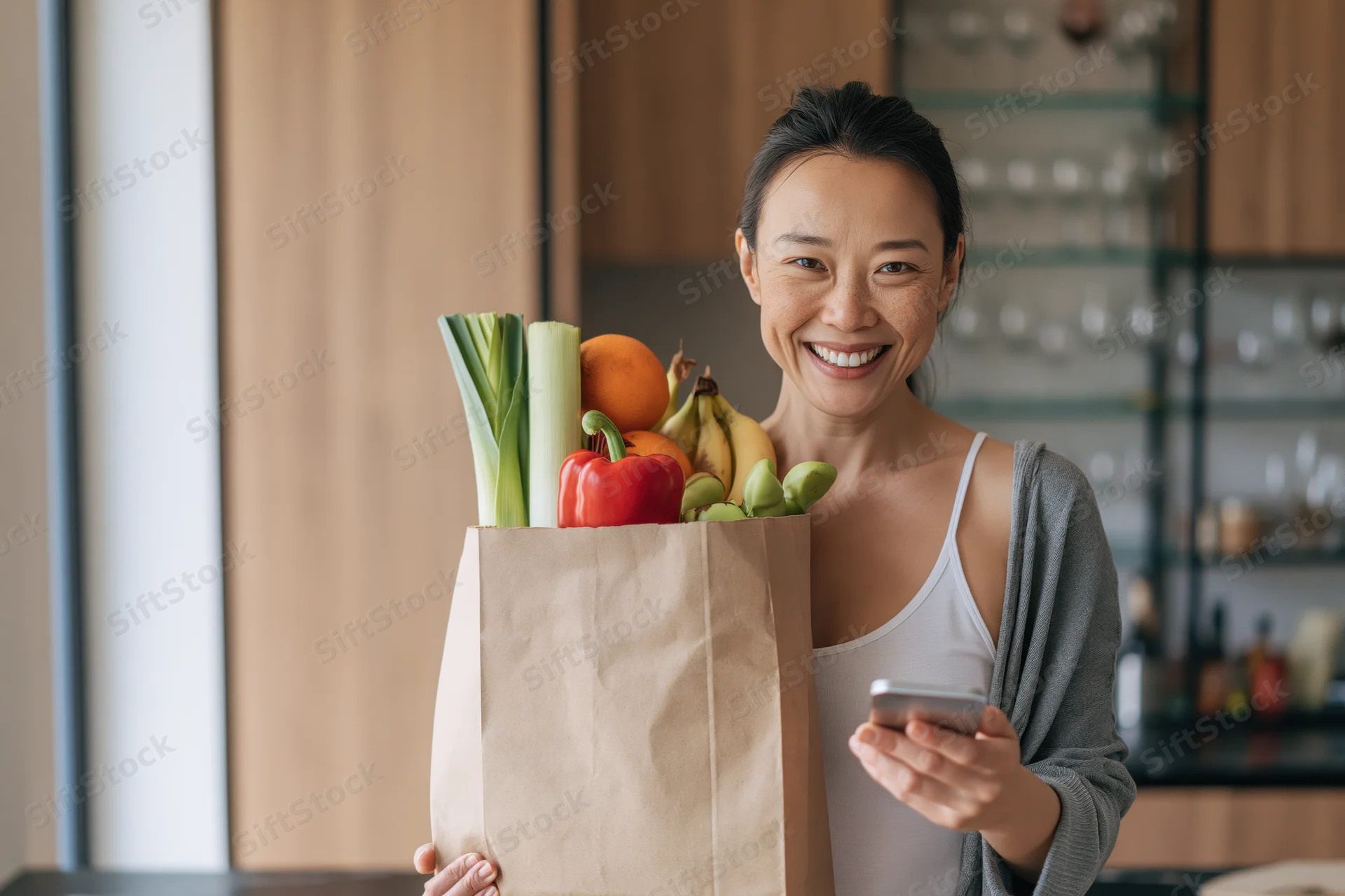 Woman holding a paper grocery bag full of fresh produce in a kitchen while smiling and using a smartphone