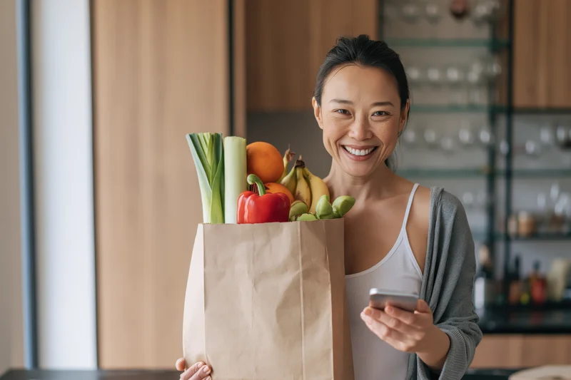 Woman holding a paper grocery bag full of fresh produce in a kitchen while smiling and using a smartphone