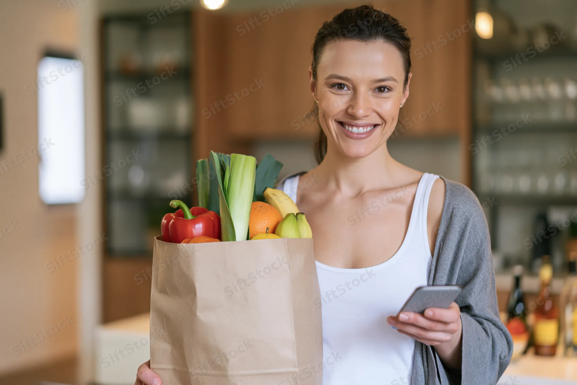 Woman holding a paper grocery bag full of fresh produce and a smartphone in a kitchen