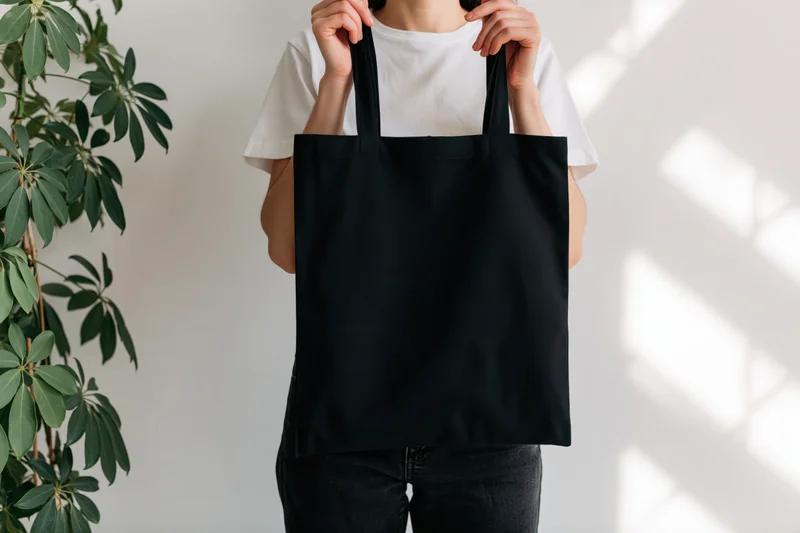 Woman holding plain black canvas tote bag in front of white wall with plant and sunlight shadows