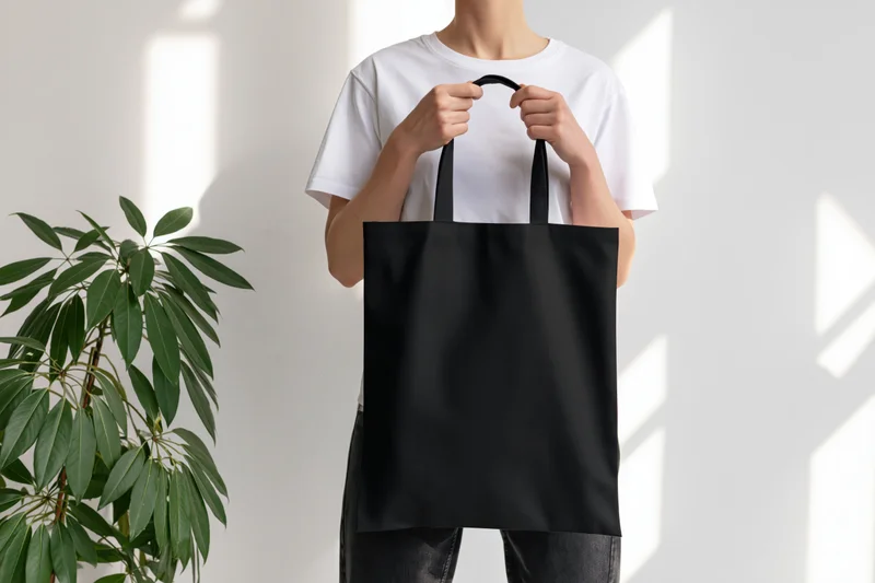 Woman holding plain black canvas tote bag in front of white wall with plant beside her