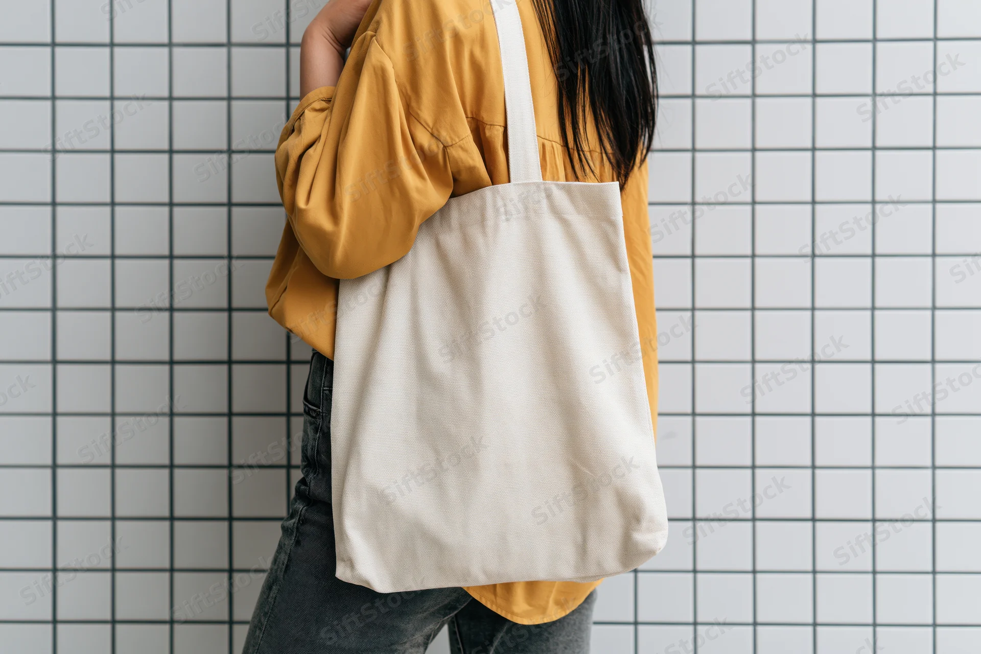 Young woman carrying a plain natural cotton tote bag over her shoulder against a tiled wall