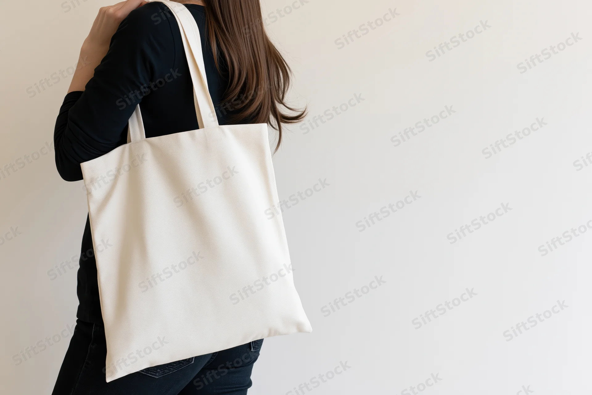 Woman carrying a plain white cotton tote bag over her shoulder against a light background