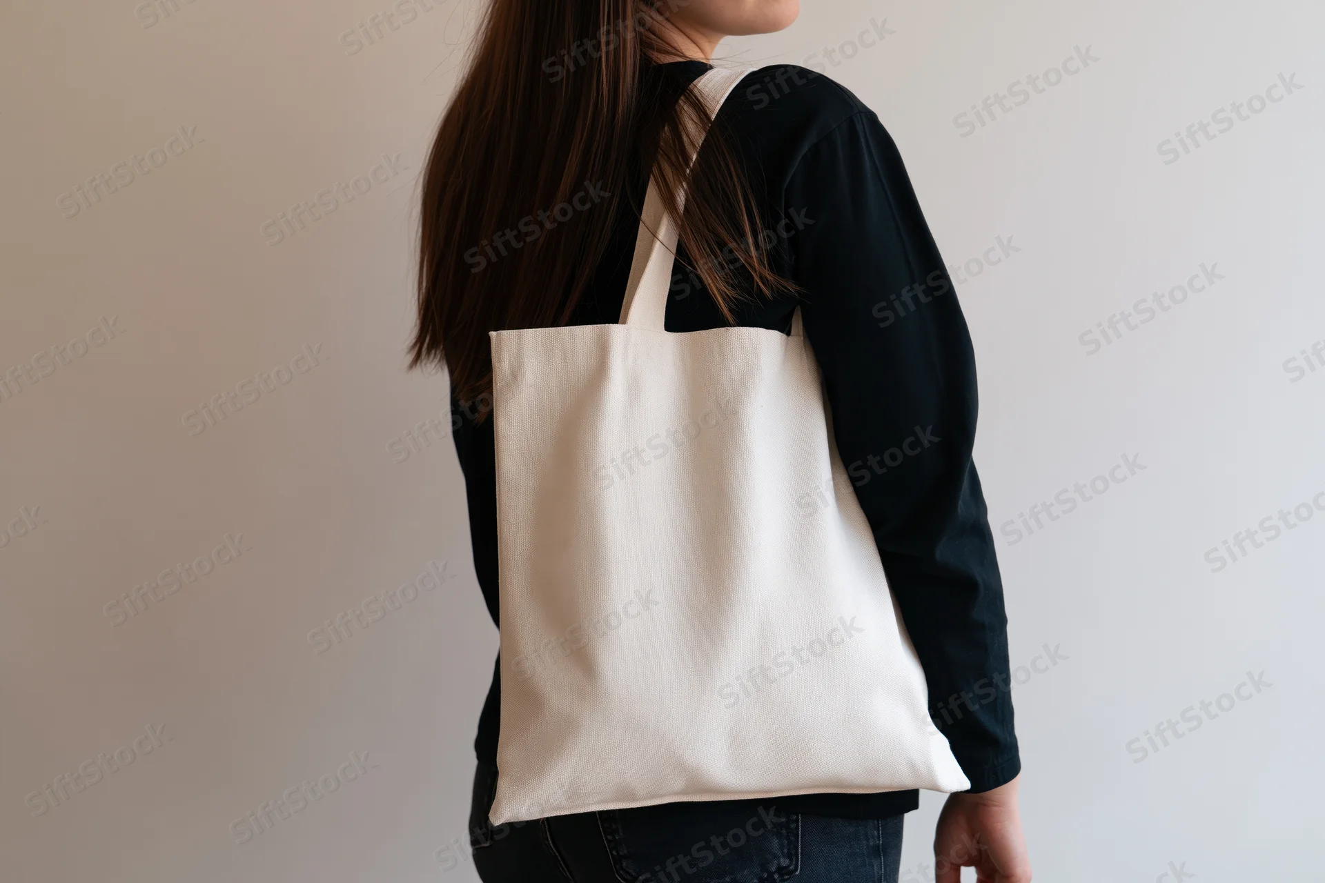 Woman carrying a plain white cotton tote bag over her shoulder in casual clothing