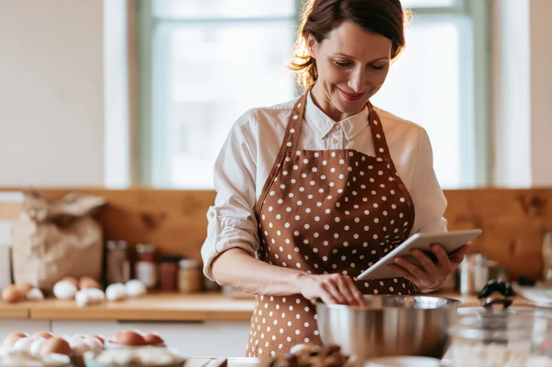Woman in brown polka-dot apron mixing ingredients in kitchen while using tablet