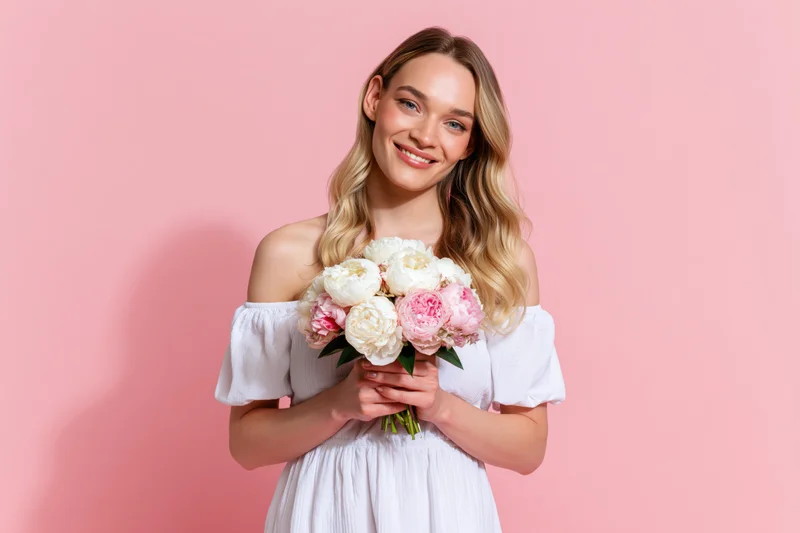 Young woman smiling while holding a bouquet of pink and white peonies in a white off-shoulder dress against a pink background