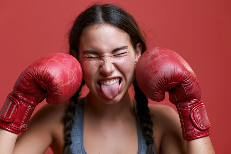 Young woman in red boxing gloves sticking out tongue with braids and tank top in studio