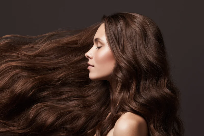 Young woman in profile with long flowing brown hair, eyes closed, against dark background