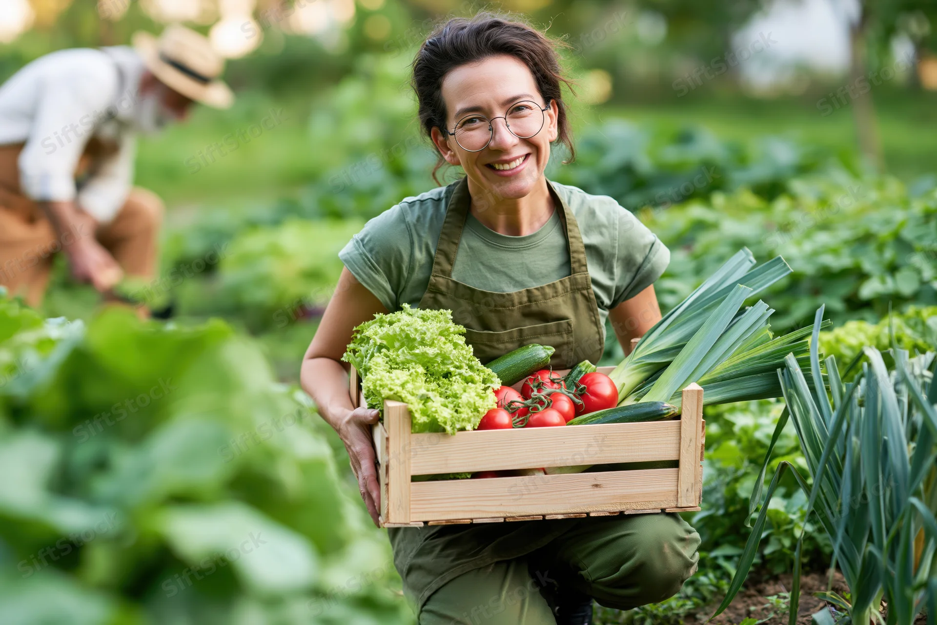 Woman kneeling in vegetable garden holding wooden crate of fresh vegetables