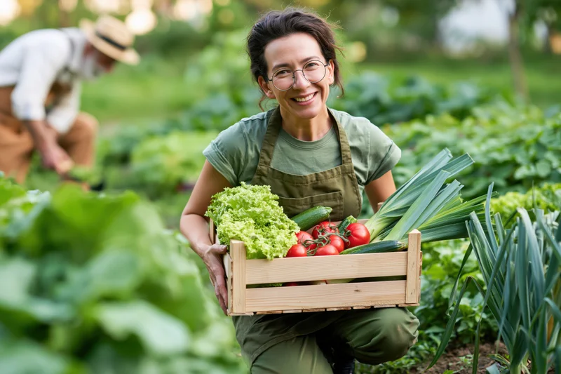 Woman kneeling in vegetable garden holding wooden crate of fresh vegetables