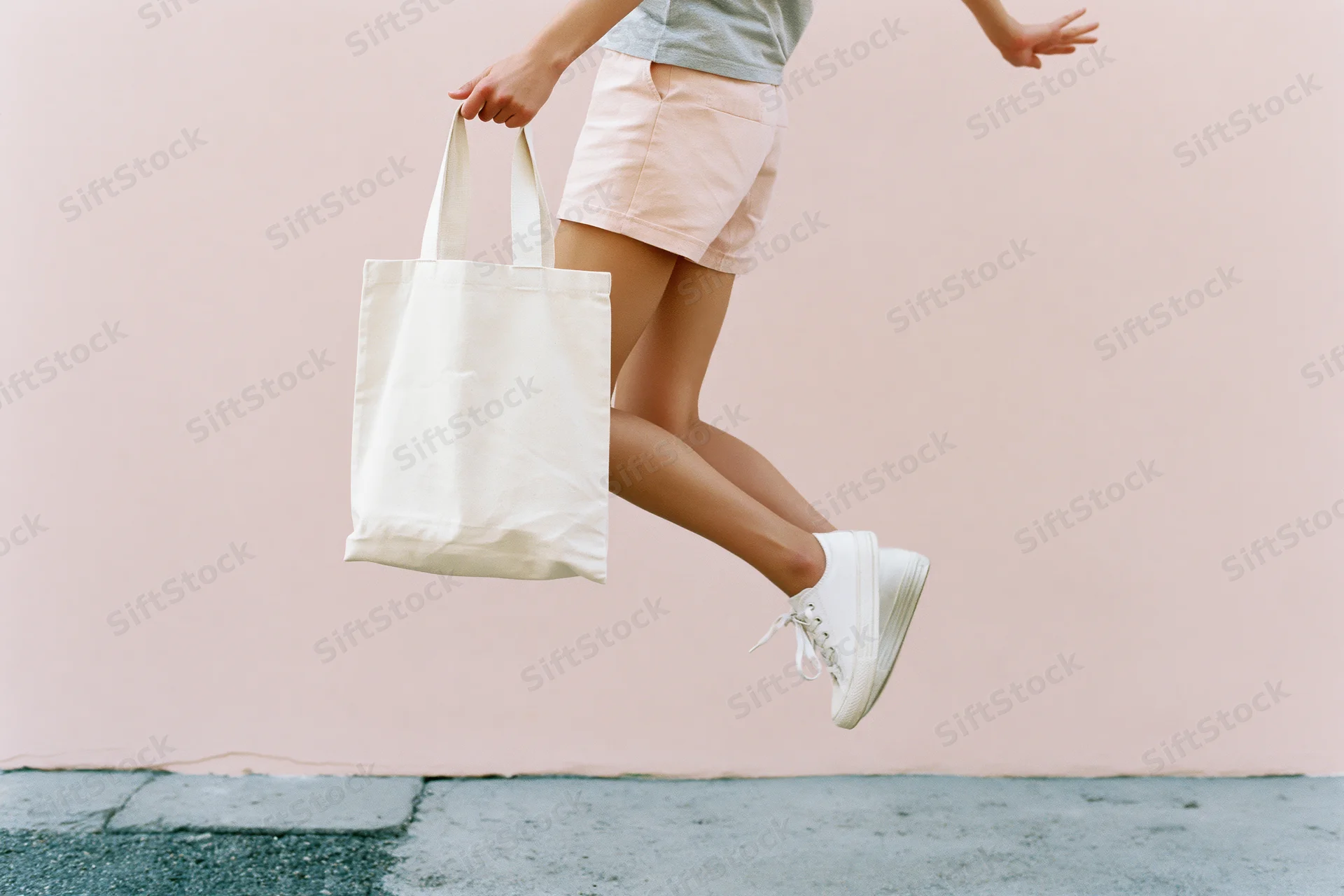 Woman mid-jump holding cream canvas tote bag outdoors