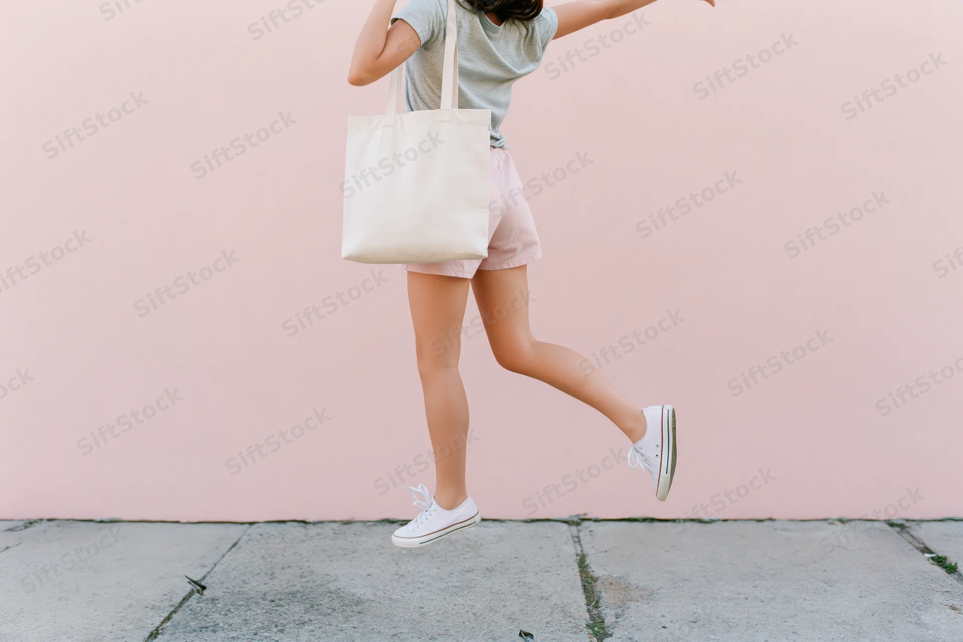 Woman mid-jump holding a cream canvas tote bag on a pink wall sidewalk