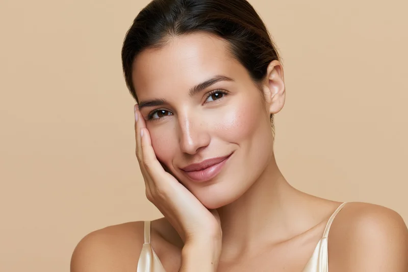 Young woman resting cheek on hand against beige background