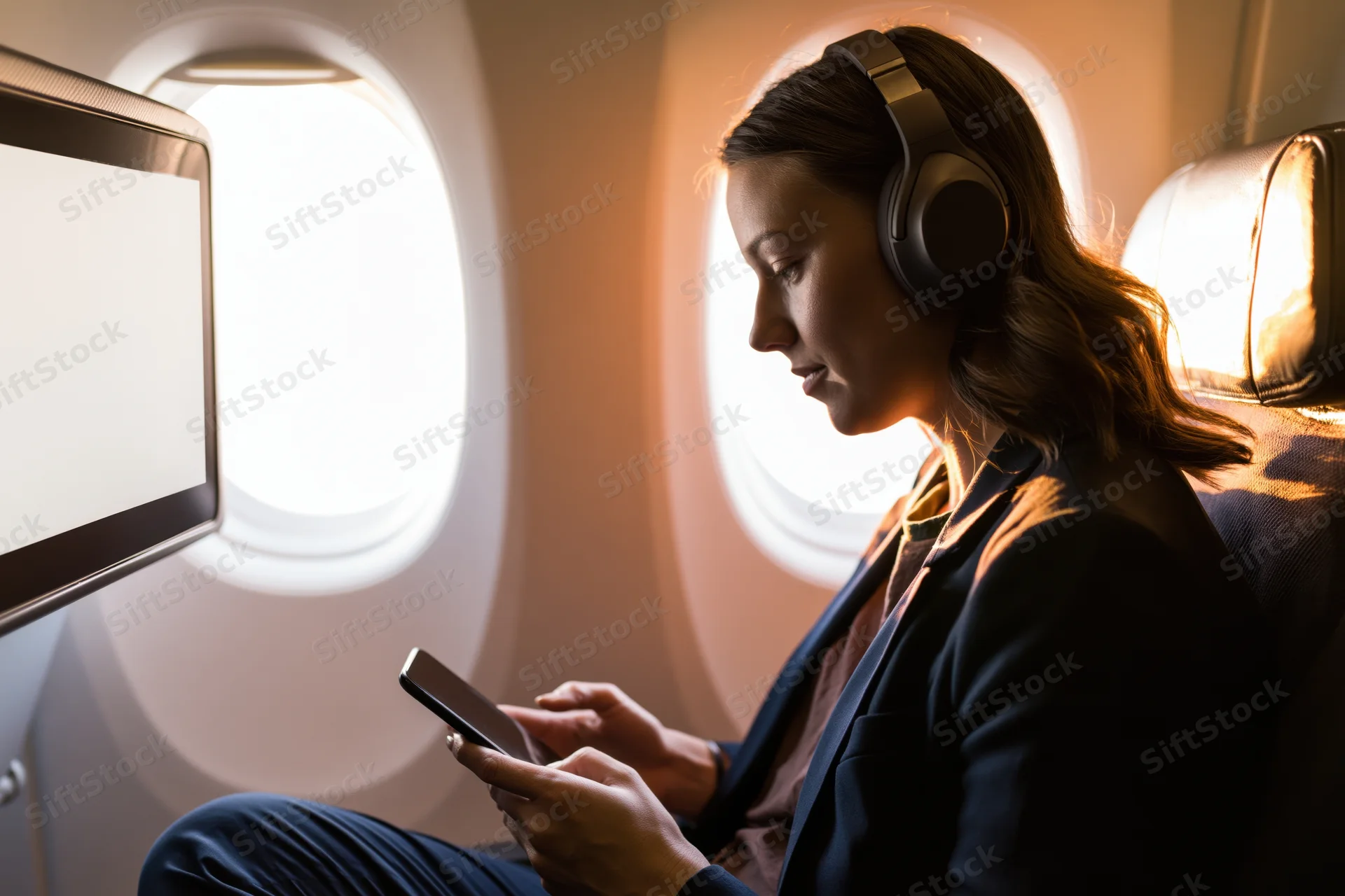 Woman wearing headset and using smartphone while seated by airplane window during flight