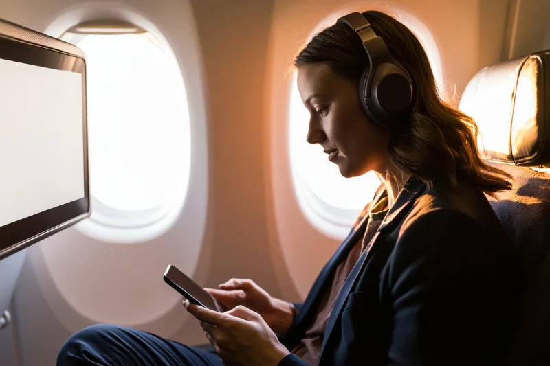 Woman wearing headset and using smartphone while seated by airplane window during flight
