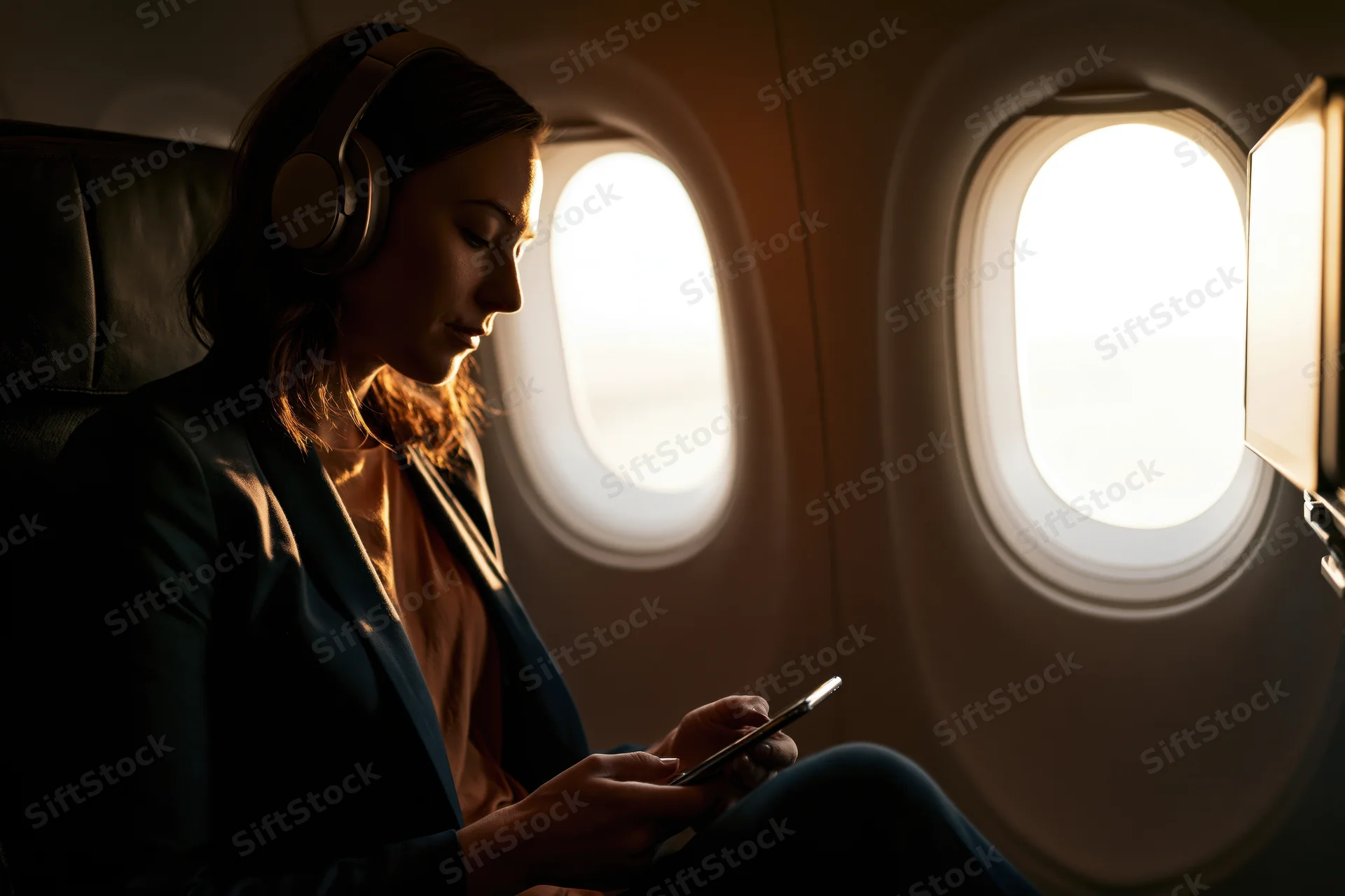 Woman wearing headset and using smartphone while seated by airplane window