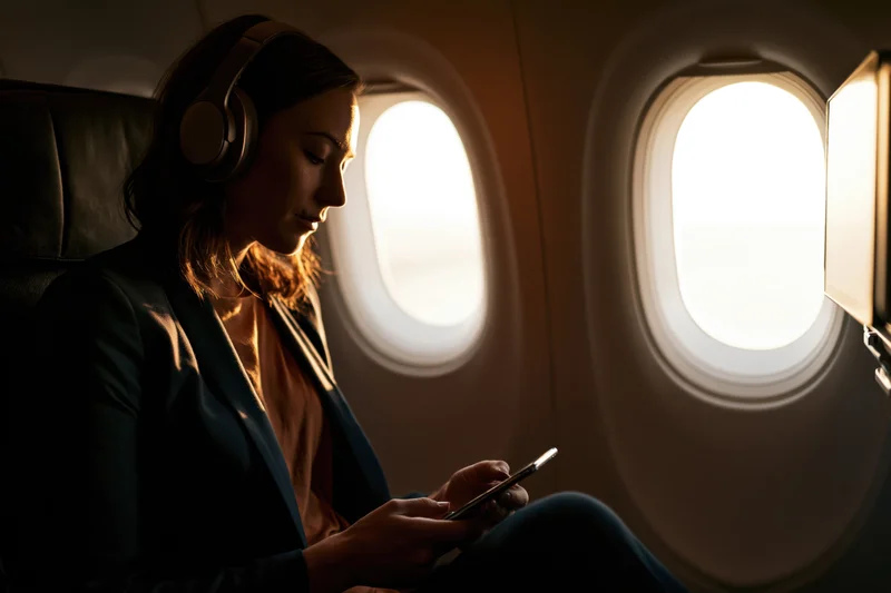 Woman wearing headset and using smartphone while seated by airplane window