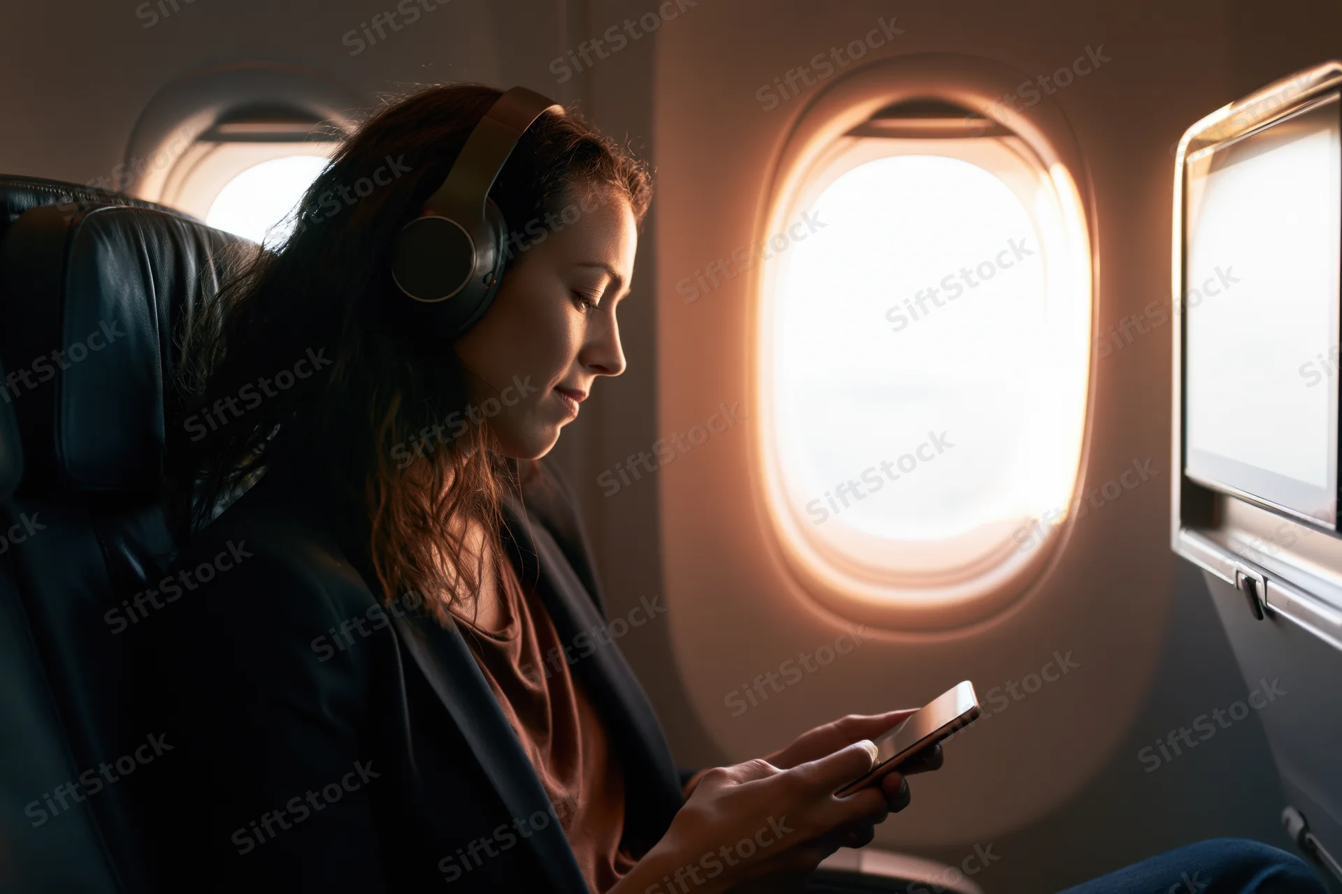 Woman wearing headphones and using smartphone while seated by airplane window