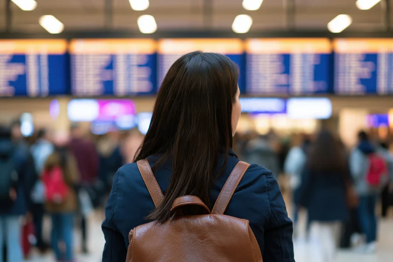 Woman with backpack looking at airport departure board
