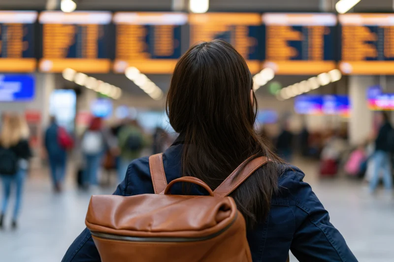 Woman with backpack looking at airport departure board in terminal
