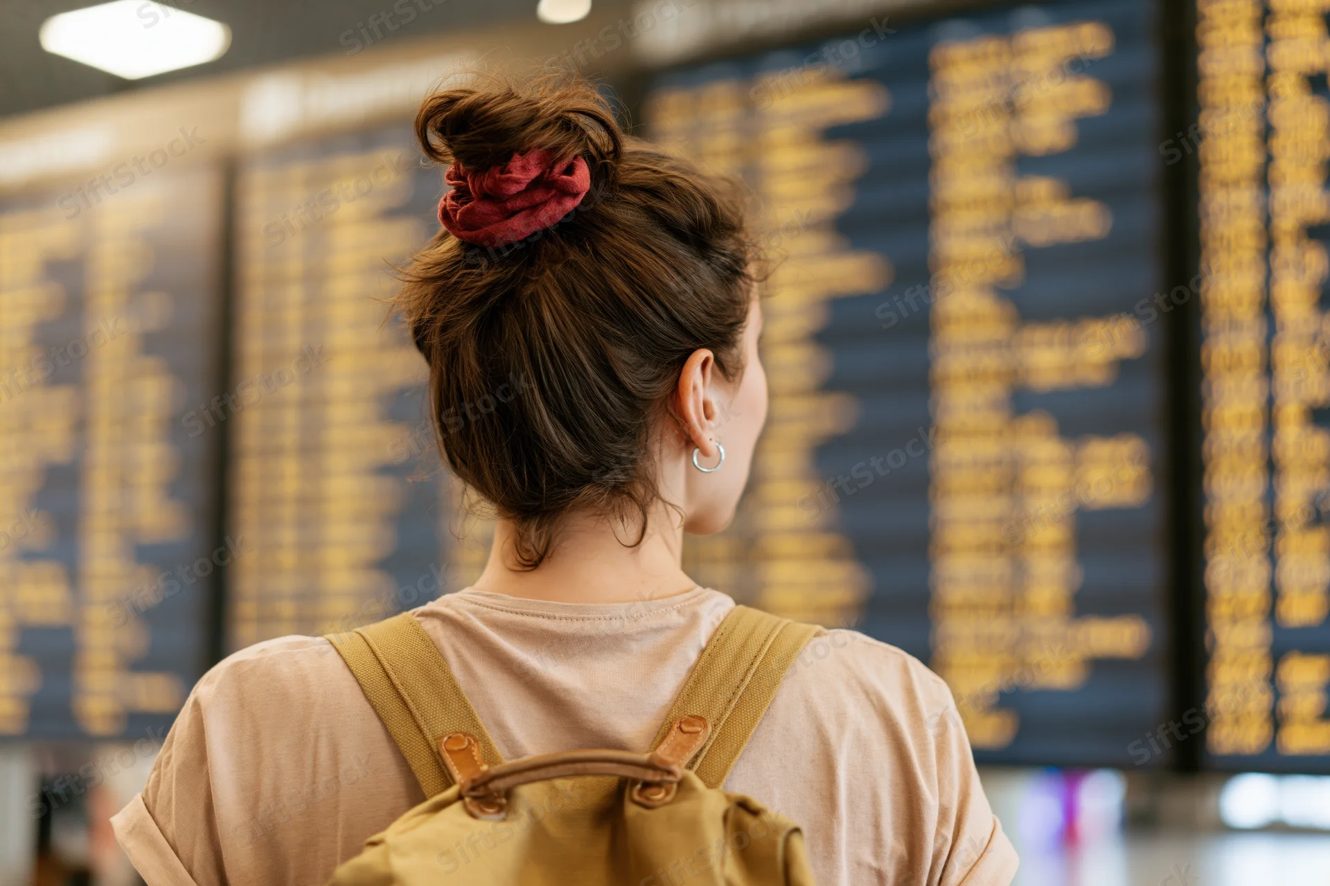 Woman with backpack looking at airport departure board